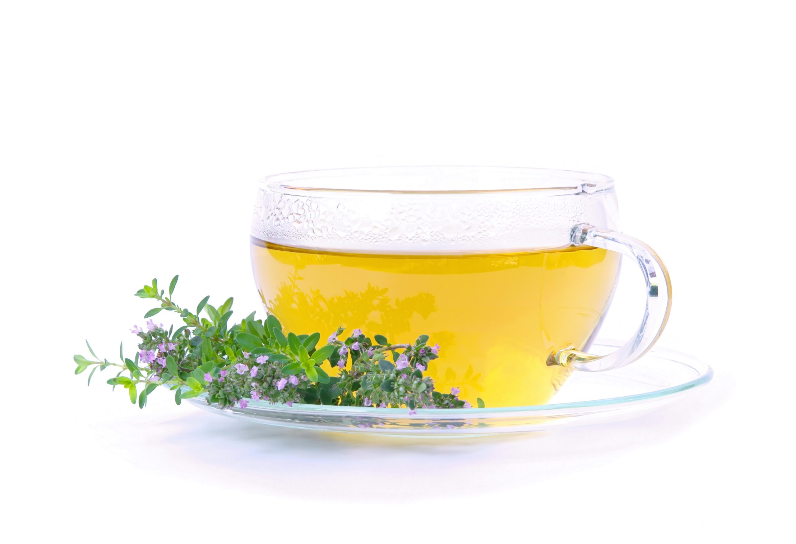 A glass cup of thyme tea with a sprig of flowering thyme