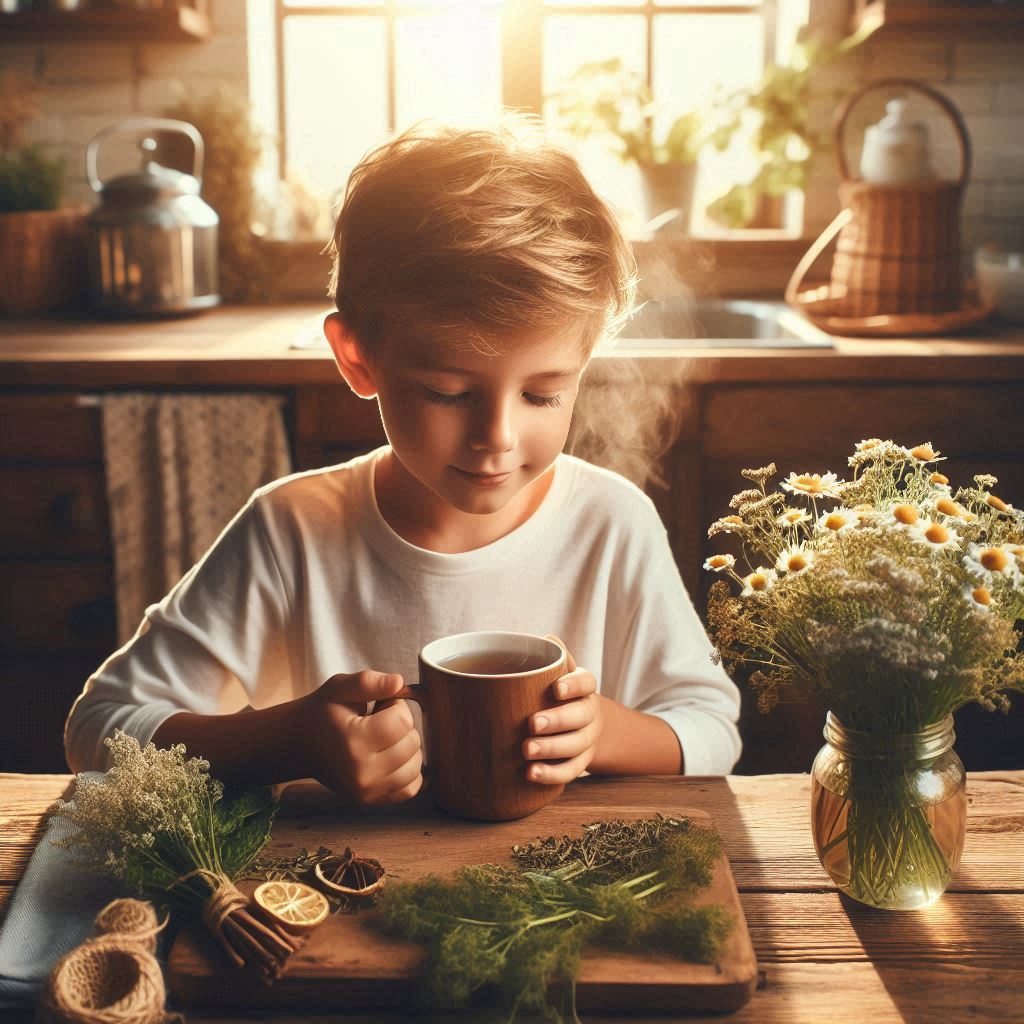 Child drinking a cup of mild herbal tea