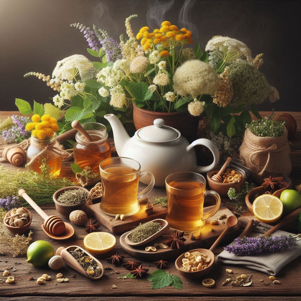 Dried herbs for bronchial herbal tea including thyme and mallow