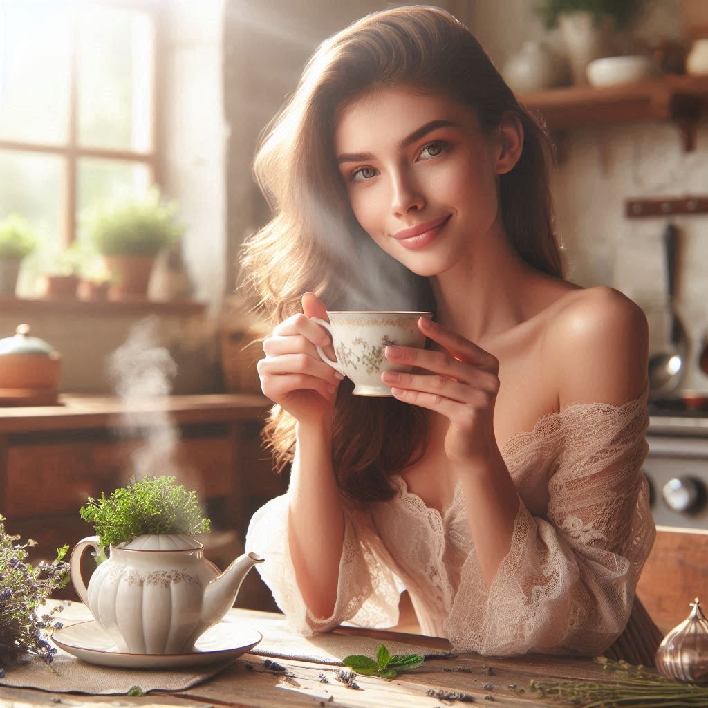 Woman enjoying a warm cup of bronchial herbal tea