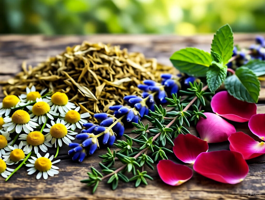 A selection of loose dried herbs for herbal tea